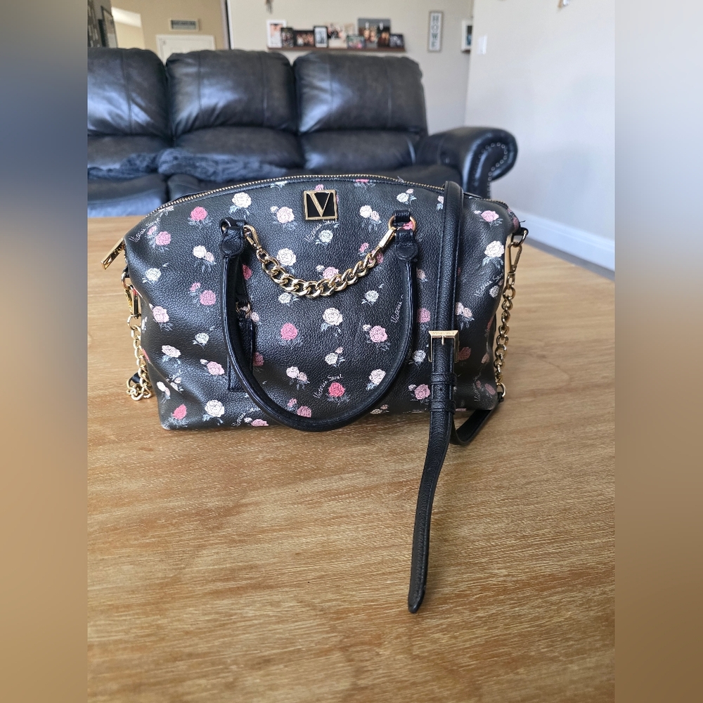 Victoria’s Secret Bond Street London Floral Satchel Crossbody Black Pink
